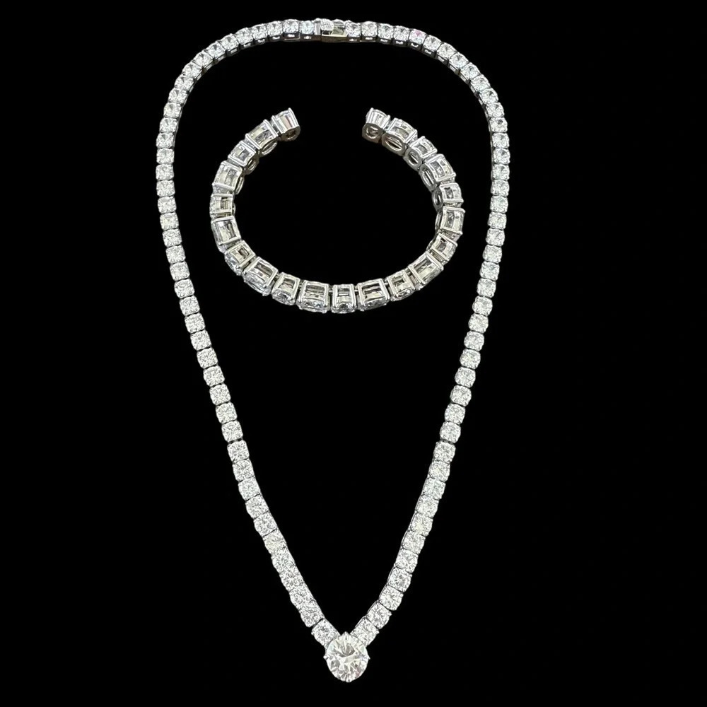 JB Silver Tone Shiny Crystal V Necklace Matching Cuff Bracelet Wedding Party New